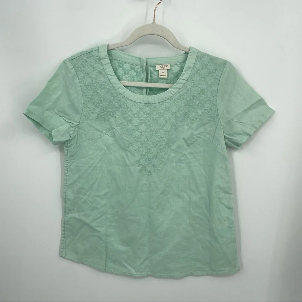 J Crew Embroidered Linen Tee C4500 mint green Sz 0‎